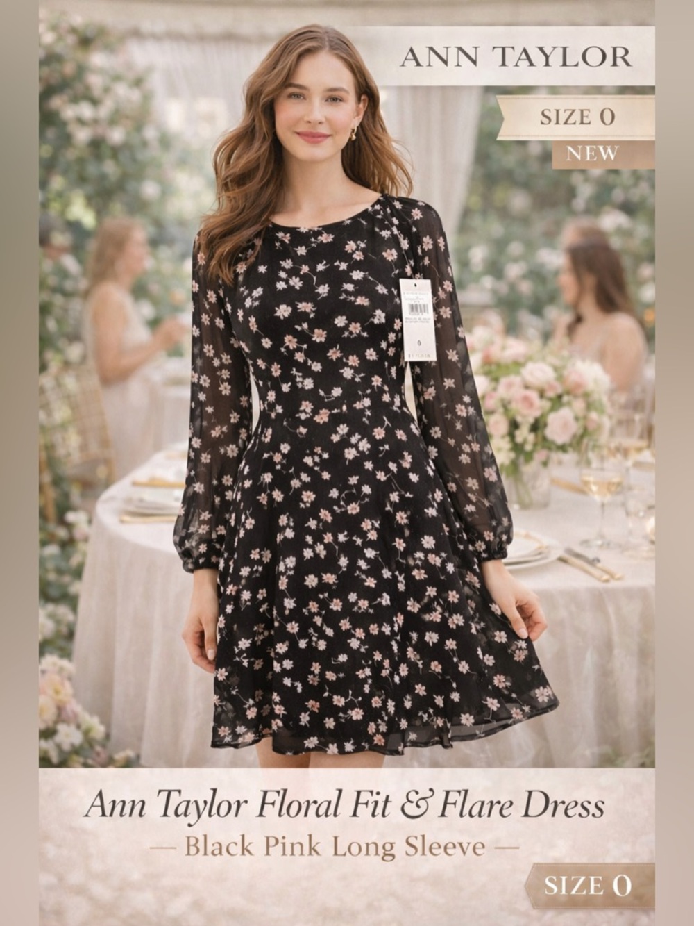 Ann Taylor NEW Floral Fit  Flare Dress Black Pink Long sheer Sleeve women sz 0/2